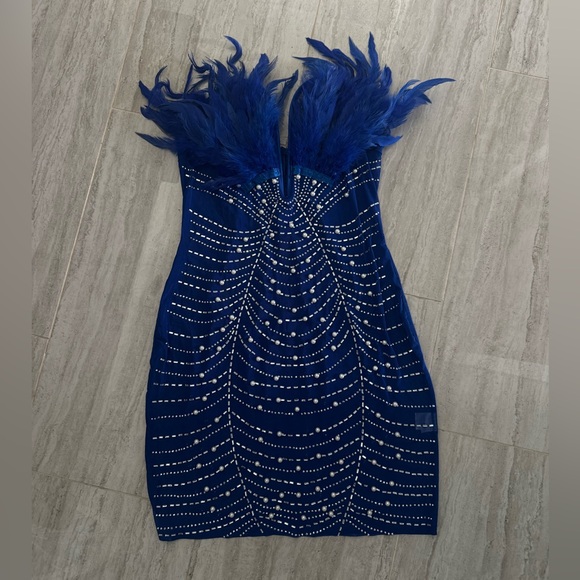 Dresses & Skirts - Strapless Royal Blue Feather & Rhinestone Evening Dress